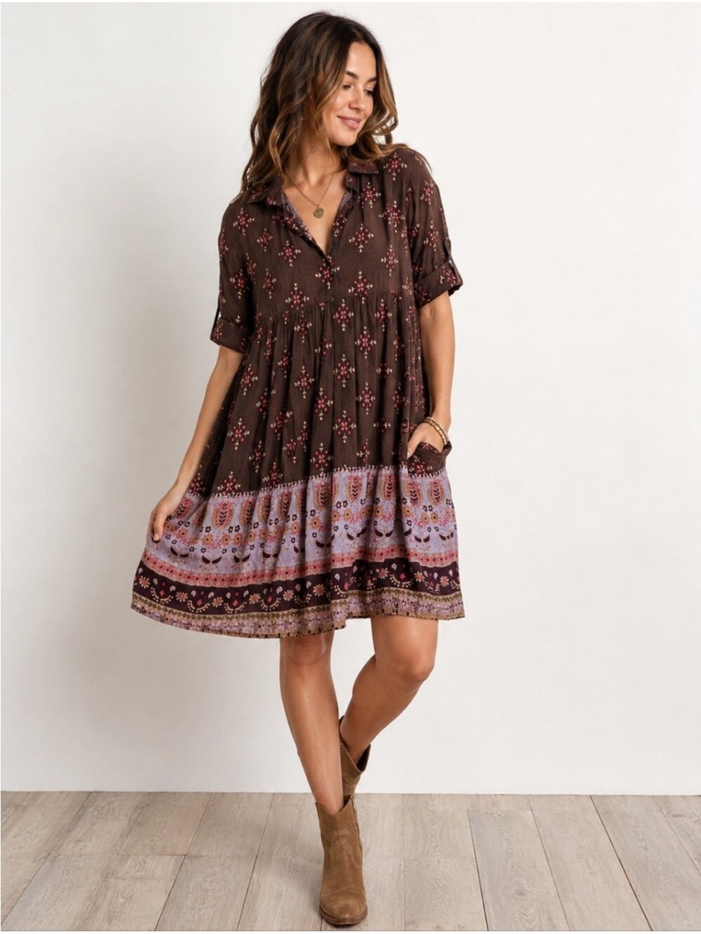 Natural Life Brown Boho Floral Border Print Babydoll Tunic Dress Size XS FLAWED